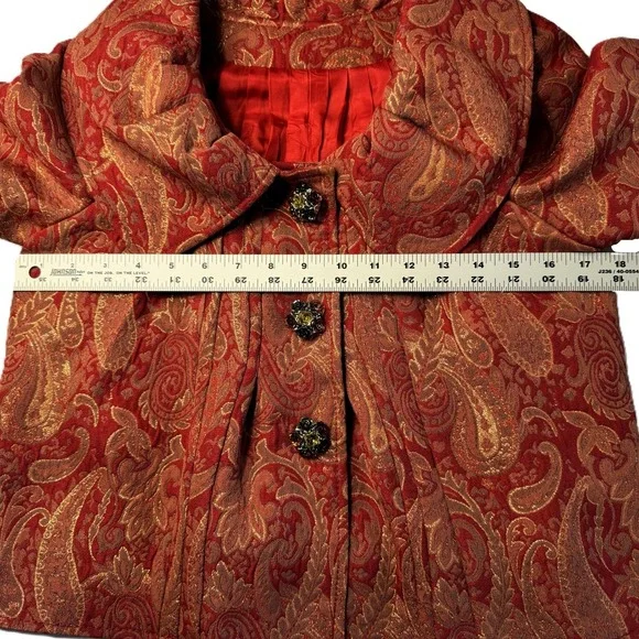 Custom Red Gold Paisley Brocade Jacket Womens Small Blazer Wide Collar Victorian - Picture 7 of 14